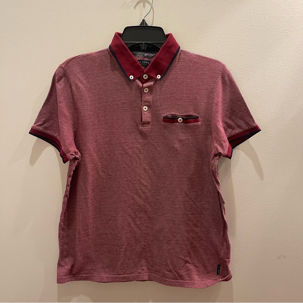 Ted Baker Polo Shirt Mens 4 Slim Fit 100% Cotton Collar Preppy Burgundy